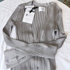 NWT Galvan London Rhea Lounge Dress/Duster Silver Ribbed Knit Metallic L